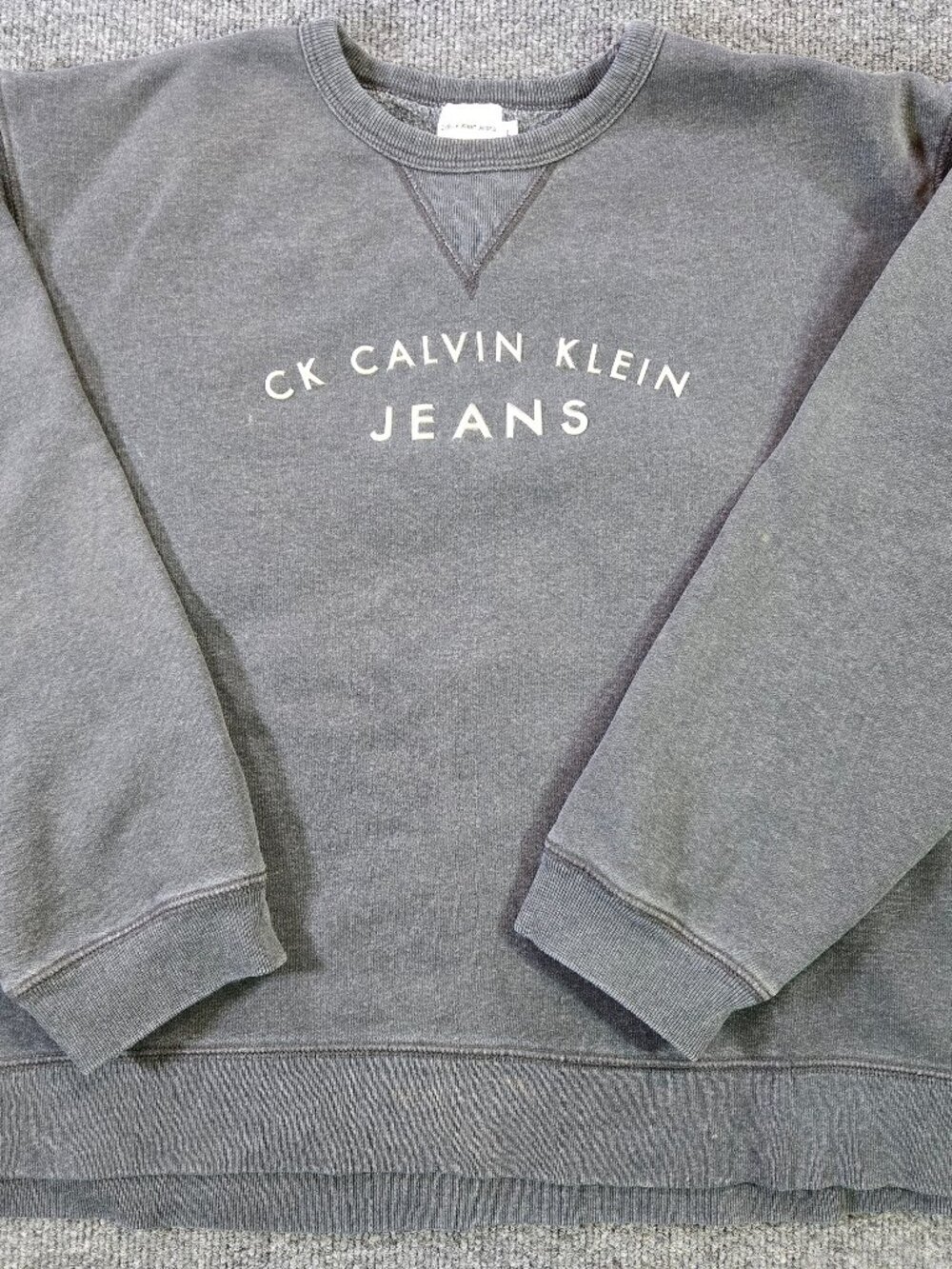 Vintage 90s Calvin Klein Jeans Sweatshirt Mens L Gray Spell Out Logo USA Made